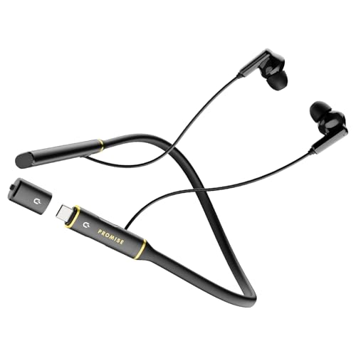 Promise A12 Neckband Bluetooth Earbuds – Wireless Headphones with Built-in Type-C OTG Connector, 60H Playtime, Fast Charging, Noise Cancelling, Magnetic & Lightweight Around-The-Neck Fit (Gold)