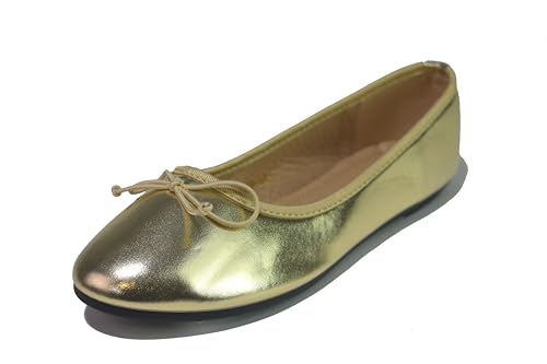 Ladies Ballet Flats Shoes Work Office Comfortable Bow School College Slip-on Pumps UK Size 3-8 Gold