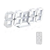 LED Digital Wall Clock, 3D Alarm Clock for Bedroom Living Room Classroom 12/24H/Date/Temperature Large Display Adjustable Brightness Snooze Night Light White 9.7 inch with Remote Control