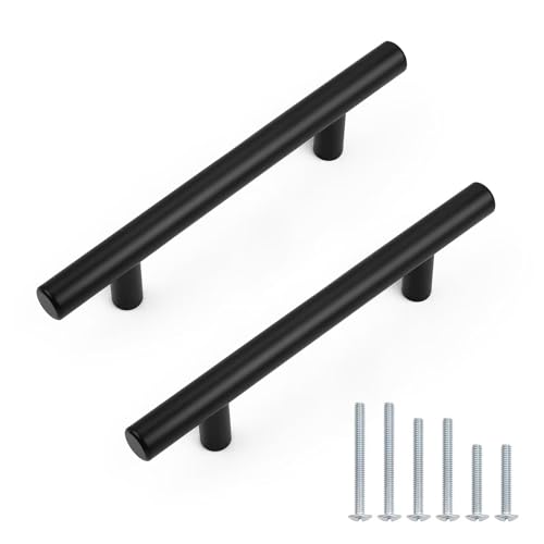 Probrico 30 Pack Holes Spacing(90mm) 3.5inch Flat Black Kitchen Cabinet Handles, Stainless Steel Dresser Drawer Pulls,6inch Length Euro T Bar Pull Handle for Closet