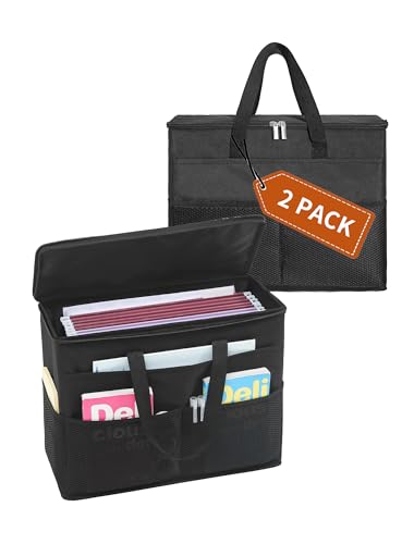 Qozary 2 Pack File Folder Organizer Box-Hanging File Tote Bag With Lids, Collapsible Portable Filing Organizer Box With Handle, Document Storage Bag For Office,Home,Travel, School