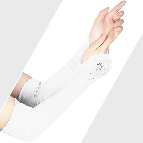 Guantes de encaje sin dedos largos hasta el codo accesorios boda satén blanco 5