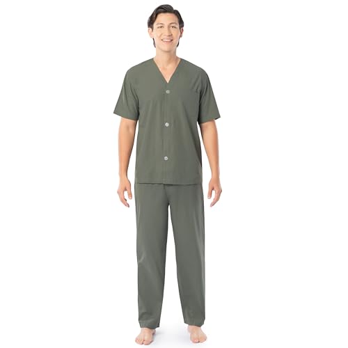 Fruit of the Loom Men's Broadcloth Short Sleeve Top and Long Pants Pajama Set, Green, Large