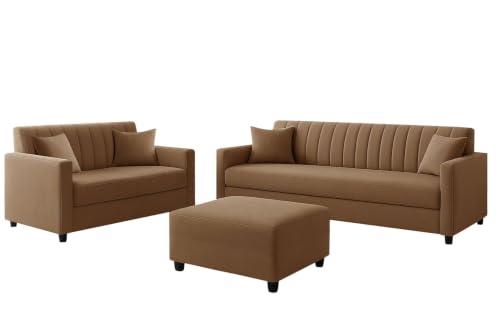 Image of 3+2 Fabric Sofa Set with Ottoman for Living Room | Modern 5-Seater Sofa Couch | with Soft Cushion, Premium Velvet Fabric - Golden Color