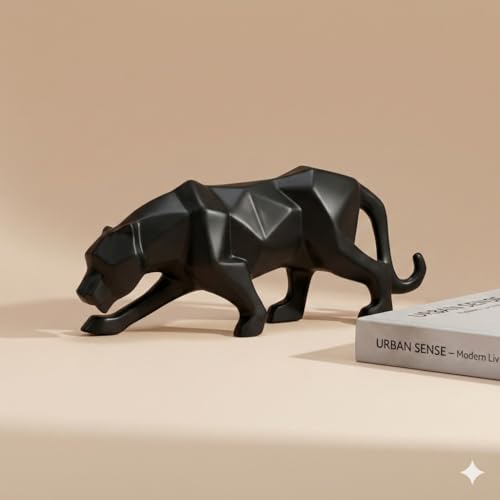 Image of Abstract Black Panther Sculpture Figurine Handicraft Home Desk Decor Geometric Wildlife Leopard Statue Craft Ceramic (Panther Black)