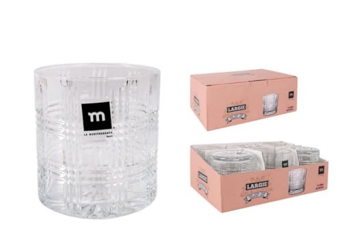 Juego de 6 Vasos de Cristal Transparente - Para Agua, Whisky, Zumos, Refrescos | Set de 6 Tazas de Cristal Fuerte y Resistente - Uso Diario, Eventos, Hogar o Professional (Largie - 350 ml)