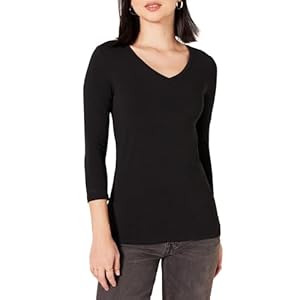 Amazon Essentials Damen Regular-Fit-T-Shirt 3/4-Ärmeln V-Ausschnitt (In Übergröße Erhältlich), Schwarz, L