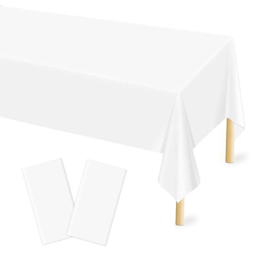 Image of Mulbozy 2 Pcs White Plastic Table Cloth Disposable, 54 x108 Inches