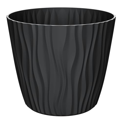 Engelland - 1 x Blumentopf mit Bewässerungssystem, Schwarz, Ø 29 cm, Pflanzkübel, Übertopf, 3D-Wellenmuster, Innen- & Außenbereich, Drainagesystem & Wasserspeicher, rund, Kunststoff