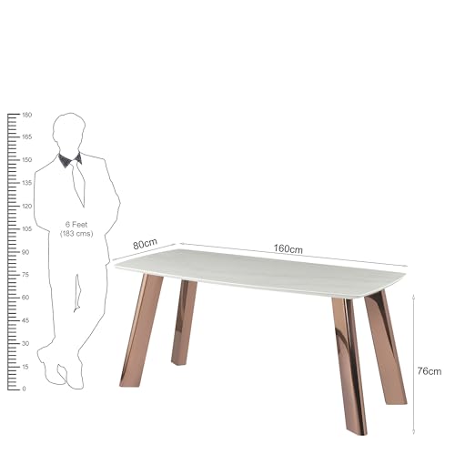 Image of The Attic Modern Dining Table, White Faux Marble Top & Polished Rose Gold /Copper Metal Legs, Rectangular 6 Seater Dining Table Kitchen or Office Table