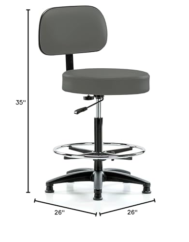 Image of Perch Stationary Walter Height Adjustable Exam Stool with Back and Foot Ring | High Bench Height 25-35 inch | Charcoal Vinyl