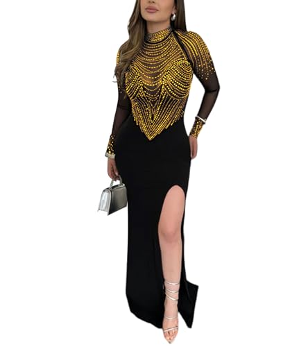 Image of PORRCEY Women's Sexy Rhinestone Lace Sheer Mesh Formal Evening Dress