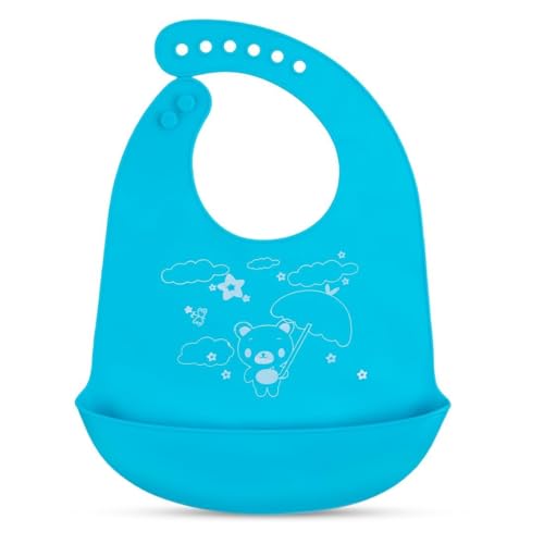 Image of BabyGo Silicone Baby Feeding Set | Waterproof Bib + Divided Suction Plate + Soft Spoon & Fork | Easy-Clean, Non-Slip, Washable & Reusable Feeding Kit for Infants & Toddlers - Blue Apron Set (6 Pcs)