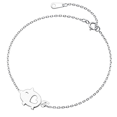 Cute Pig Bracelet for Women Sterling Silver Delicate Matte Porket Hollow Love Heart Charm Link Bracelets Anklets for Pet Lover Animal Keepsake Jewelry Birthday Christmas Gifts for Daughter Niece 8 inch