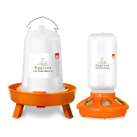 Eggluuz Chick Feeder and Waterer Kit Automatic Chicken Feeder and Waterer Set, 1L Chick Feeder and 1.5L Chick Waterer with 3 Heights Adjustable Legs Cover