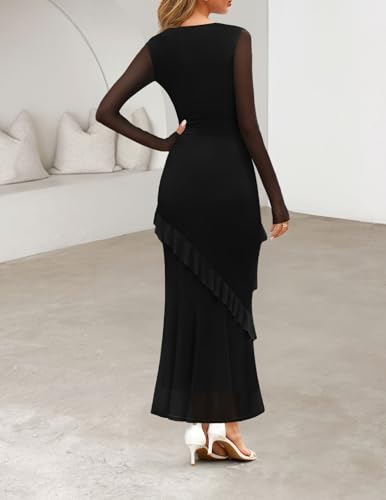 MEROKEETY Women's Fall 2025 Bodycon Maxi Dress Cowl Neck Long Sleeve Mesh Ruffle Wedding Guest Cocktail Dresses3