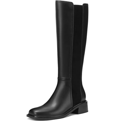 Image of TEAIEUI Knee High Boots for Women Flat Square Toe Chunky Block Low Heel Side Zipper Soft-Soled Tall Long Boots