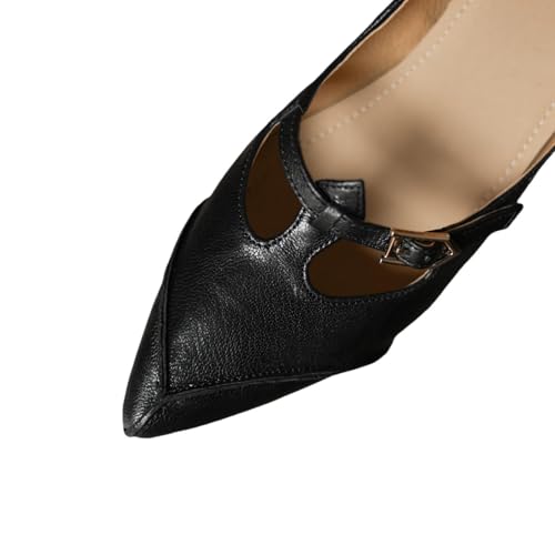 TinaCus Handmade Women's Genuine Leather T-Strap Buckle Pointed Toe Stacked Heel Mary Jane Shoes2
