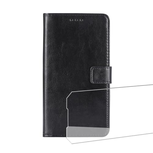 WQTYLDMY for Doogee S200 Case Magnetic Leather + 1 Pcs Screen Protector Tempered Glass - Flip Leather Shockproof Credit Card Holder Stand Cell Accessories (Black)