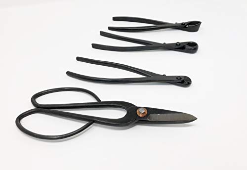 U-nitt 4-pc Bonsai Tool Set Carbon Steel: concave Cutter; Wire Cutter; knob Cutter; Ashinaga Shears: in a Leather Case