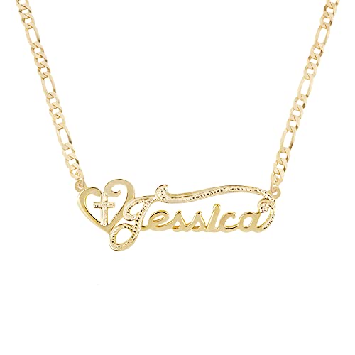 Muuyon 10K/14K/18K Gold Cross Name Necklace Personalized For Women, Solid Gold Cross And Heart Custom Name Figaro Pendant Necklace For Her Custom Any Name, Customized Jewelry For Women Girl Ladies Mom Mother #TOP23