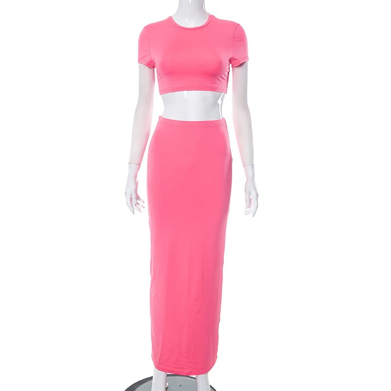Image of Two Piece Skirt Set for Women 2 PC Y2K Outfits Short Sleeve Crop Tops Bodycon High Waist Long Maxi Skirts