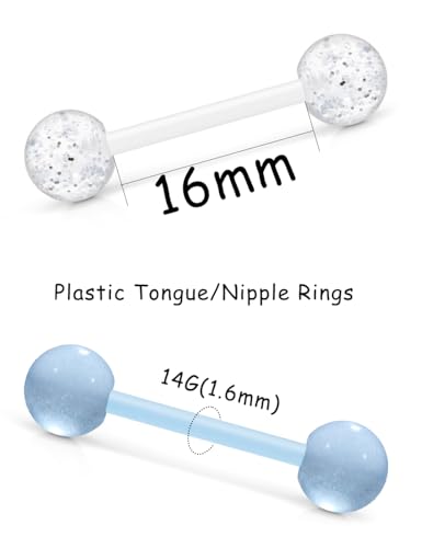 Prjndjw 48Pcs 14G 16mm 14MM Glow in Dark Tongue Nipple Ring Plastic Flexible Acrylic Straight Barbell Body Piercing Jewelry for Women Men Tongue NIppie piercings4
