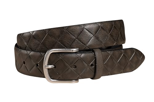 FENIX Gürtel Herren, verstellbarer Ledergürtel Siena Moss Mocha Größe 105 cm, Vintage-Silberschließe, 35 mm breit, Gürtel aus Vollrindleder mit Flecht-Prägung