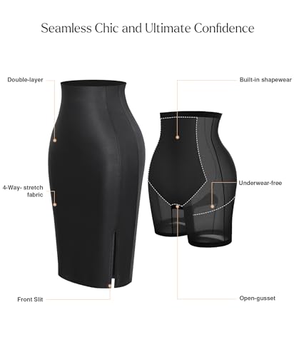 Popilush Faux Leather Midi Skirts with Built in Shapewear Tummy Control High Waist Skirt with Shaper for Women3