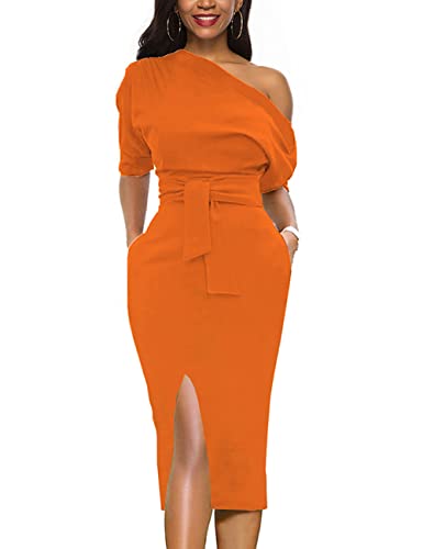 Womens Classy Off Shoulder Short Sleeve Belted Side Slit Midi Pencil Dress with Pockets
