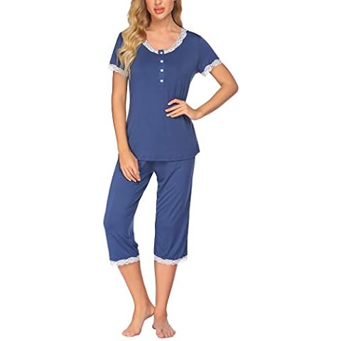Ekouaer Womens Pyjama Sets V-Neck Soft Loungewear Summer Pjs Set Cotton Short Sleeve Sleepwear Navy Blue Cover