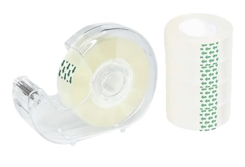 5 mini sellotape Rolls of Clear Tapes with Dispenser Desktop Adhesive Tape Holder with Green Arrow Pattern 18mm x 20m