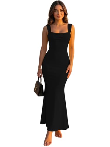 Image of Aahwan Solid Square Neck Bodycon Mermaid Hem Sleeveless Maxi Dress for Women's & Girl's