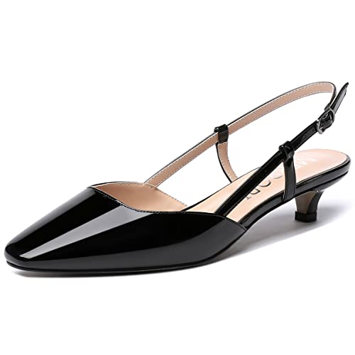 MERRORI Women's Solid Square Toe Patent Slingback Buckle Kitten Low Heel Pumps Shoes 1.5 Inch