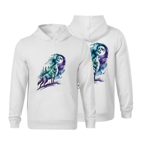 Kids Watercolor Moon Wolf Howling Boys Girls Lightweight Kangaroo Pocket Fleece Hoodies