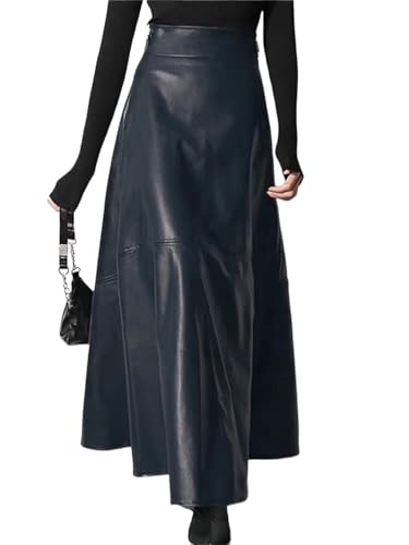Women Solid Color Faux Leather Maxi Skirt High Waist Elegant Zipper Back Casual Office Party Skirts