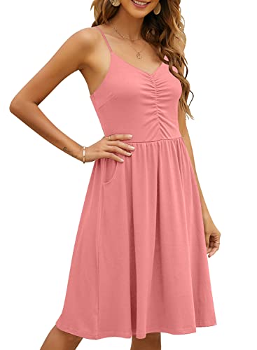 Image of YATHON Casual Dresses for Women Sleeveless Cotton Summer Beach Dress A Line Spaghetti Strap Sundresses with Pockets