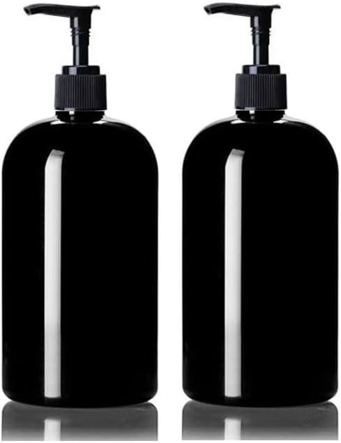 Miniatura 1 de MountainLeaf Paquete de 2 botellas redondas de plástico PET de 16 onzas (16.1 fl oz) Boston con dispensadores de bomba de loción negra, botellas de