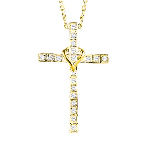 1/10 CTTW Diamond Heart Cross in Sterling Silver or Gold Plated Sterling - 18 Inch Chain