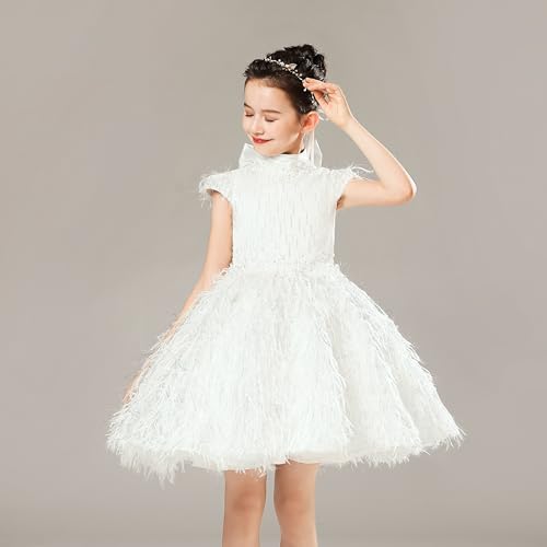 Sparkly Fluffy Feather Flower Girl Dress for Wedding Beaded Short Prom Princess Pageant Dresses with Bow-Knot4