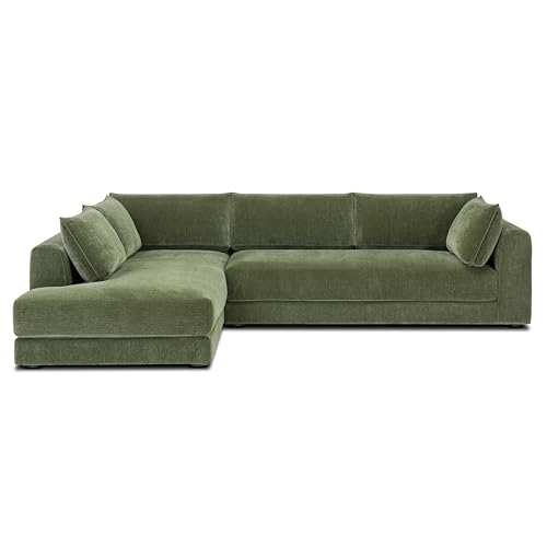 Image of Poly & BARK Marcel Left-Facing Corner Sectional with Extra-Wide Chaise - Upholstered in Sagano Green Fabric - Deep, Relaxed Modern Design with Feather-Blend Cushions for Living Room Comfort and Style