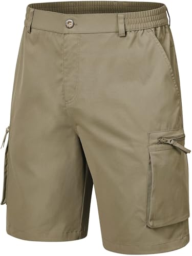 QPNGRP Mens 9 Inseam Stretch Waist Zipper Cargo Shorts with 6 Pockets Khaki 38