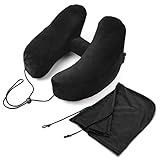 Roucerlin Inflatable Travel Pillow with Hood & Storage Bag, Soft Neck Pillows for Traveling, Support Head Airplane Pillow, Blow up Travel Neck Pillow for Plane Car Sleeping (Black)