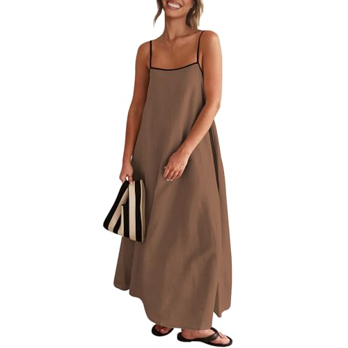Image of Senllen Women's Linen Dress Summer Loose Flowy Sundress Contrast Spaghetti Strap Sleeveless Backless Beach Maxi Long Dresses