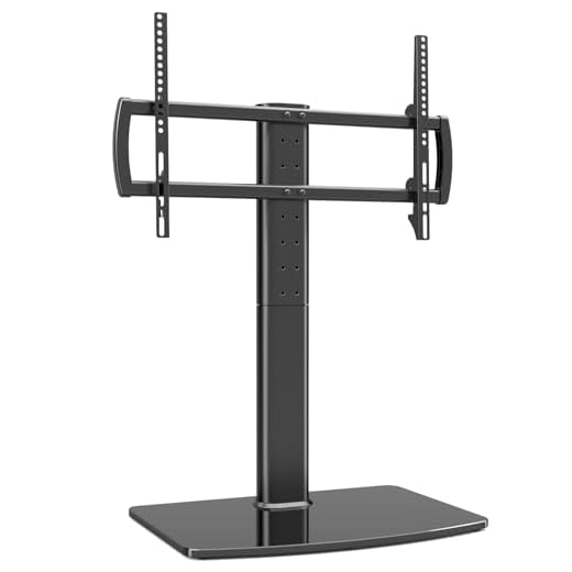 Universal Swivel TV Stand/Base Table Top TV Stand 40 to 80 inch TVs 110 Degree Swivel, 5 Level Height Adjustable, Heavy Duty Tempered Glass Base, Holds up to 132lbs Screens, HT04B-003