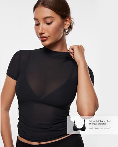 INLYRIC Women's Cosnufy Mesh Sheer Short Sleeve Shirts See Through Mock Neck Ruched Summer Going Out Tops Sexy Tees2
