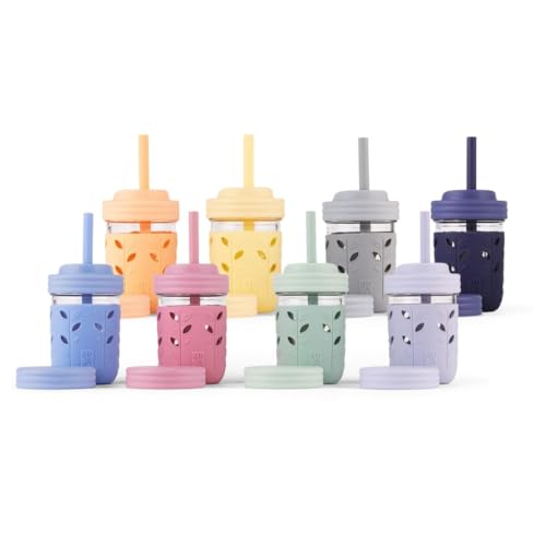 Image of Elk and Friends Kids + Toddler Glass Cups | The Original 8oz Glass Mason Jar with Sleeves + Lids | Silicone Straws + Stopper | Smoothie Cup | Food Storage | Spill Resistant | Dishwasher Safe | 8 Pack