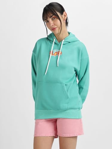 Image of JUNEBERRY Cotton Poly Fleece Oversized Fit Black, Green, Magenta, Mustard, Orange, Purple, Blue, Off White & Grey Graphic Printed Full Sleeve Hoodie for Women