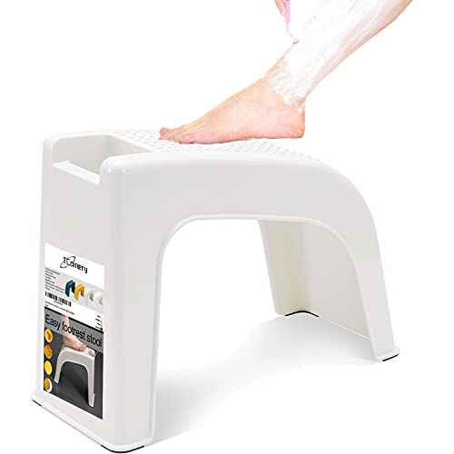 TCOINERY Easy Pedicure Foot Rest Shower Foot Step Plastic Stool for Leg Shaving Bathing Manicure Non-Slip Beauty Footrest Built-in Storage at-Home Seniors Bath Spa White