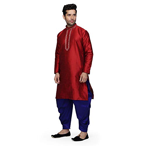 Kurta Salwar mezcla de seda hombre ropa india granate azul traje tradicional talla 38 4